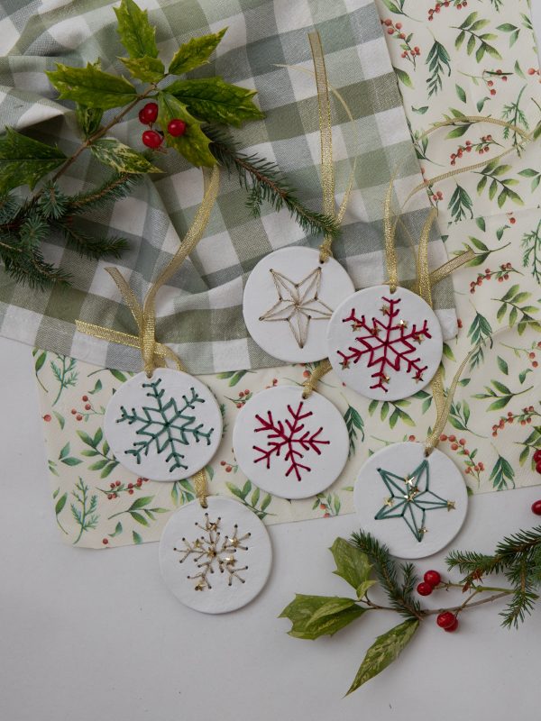 Mix Media Air Dry Clay Holiday Decorations. With Embroidery and Sequins.