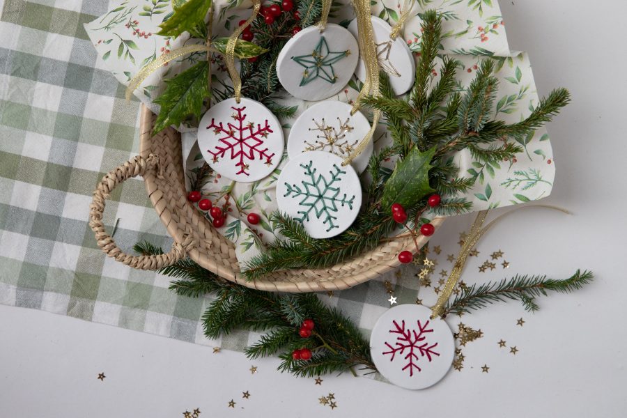 Tradition handmade Christmas Decorations with Air Dry Clay and embroidery.