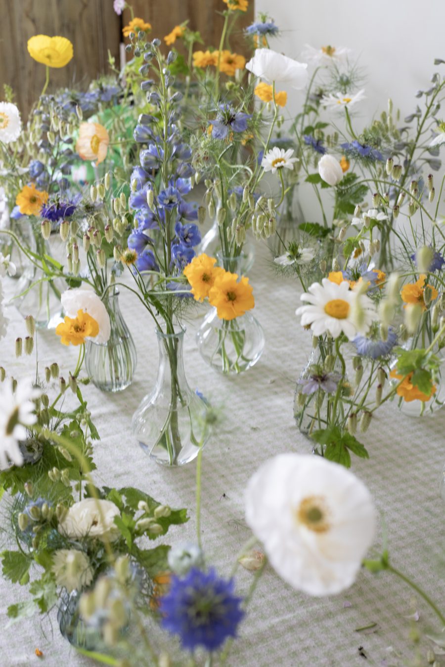 British Grown Flowers : A Blue and Yellow Bud Vase Styled Wedding